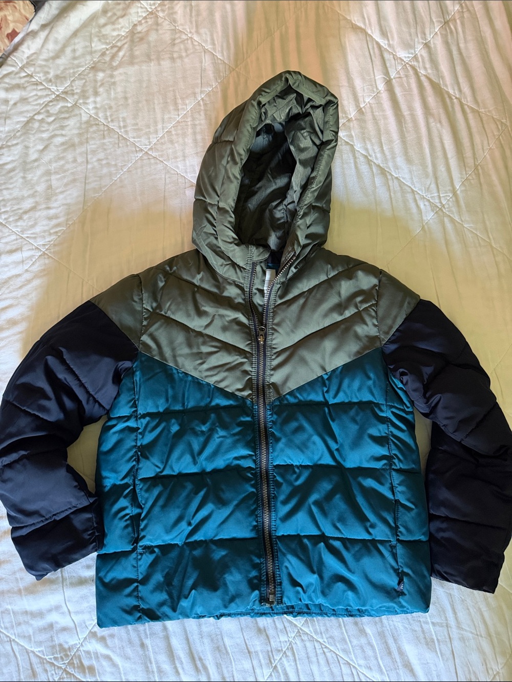GAP Youth Large Colorblock Hooded Puffer Jacket - Teal, Olive, Navy